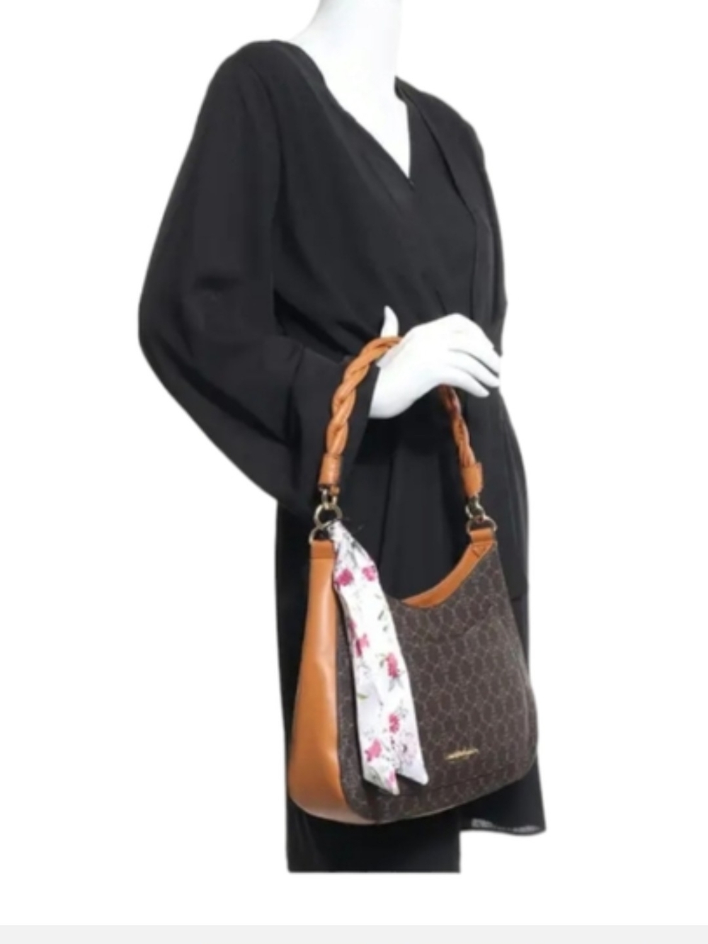 #104 Brown Patterned Shoulder Bag with Tan Trim and Floral Scarf